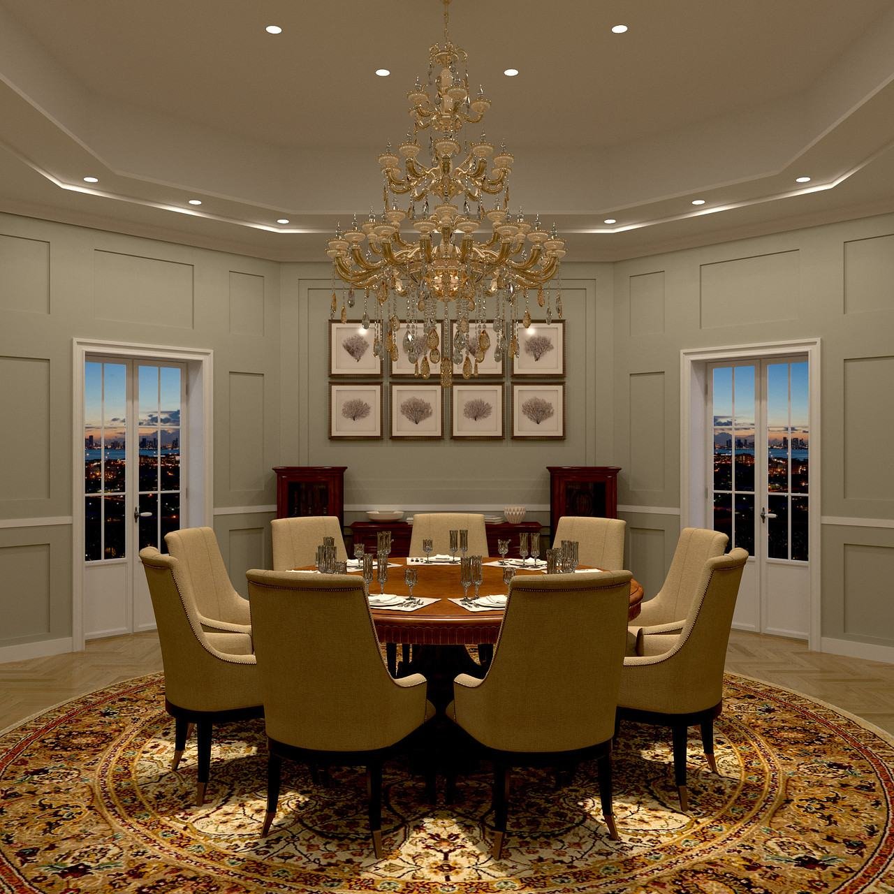 Formal dining room with warm dimmed lighting
